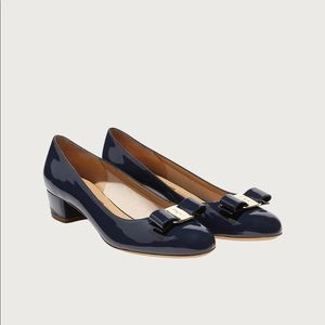 Salvatore Ferragamo Vara Patent Bow Heel in Oxford Blue with Gold Hardware
